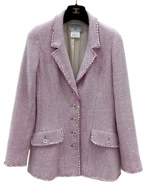 CHANEL Vintage 97P Spring Summer Pink Tweed Jacket Skirt Suit 36